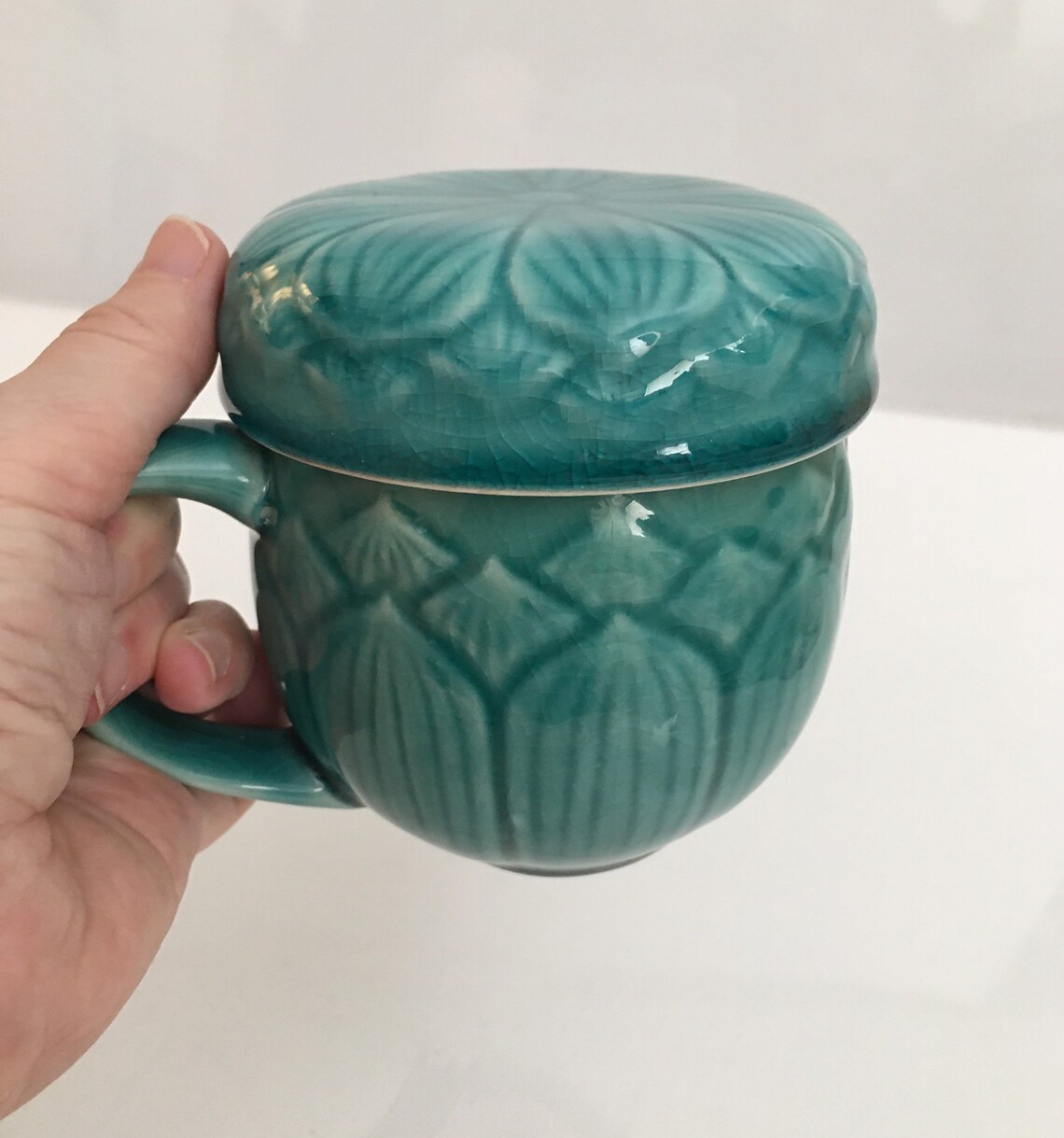 Korean Celadon Lotus Tea Mug Set With Ceramic Infuser/strainer Etsy