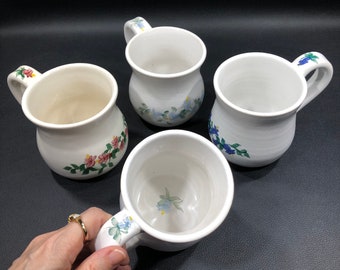 Signed FLORAL STONEWARE MUGS Set of 4 by M. Denise Ward ~ Vintage Hand Painted Studio Art Pottery