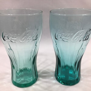 Vintage COCA COLA GLASSES Set of 2 ~ Collectible Green Tinted 6&quot; Tall Glass Tumblers ~ Retro Old-Fashioned Soda Fountain Drinkware/Glassware