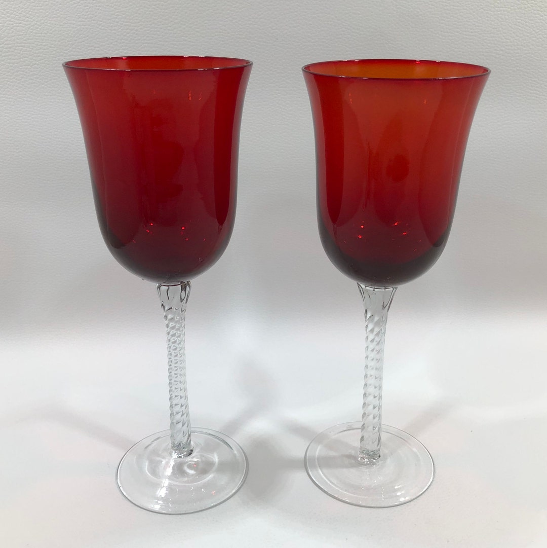 Ruby Red WINE/WATER GOBLETS W/ Clear Twisted Stems Set of 2 Etsy