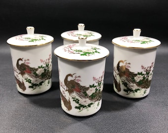 Cathay China COVERED TEA CUPS by Tatung Set of 4 ~ Small Lidded Porcelain Tumblers w/ Peacocks & Cherry Blossoms ~ Vintage Asian Serve Ware