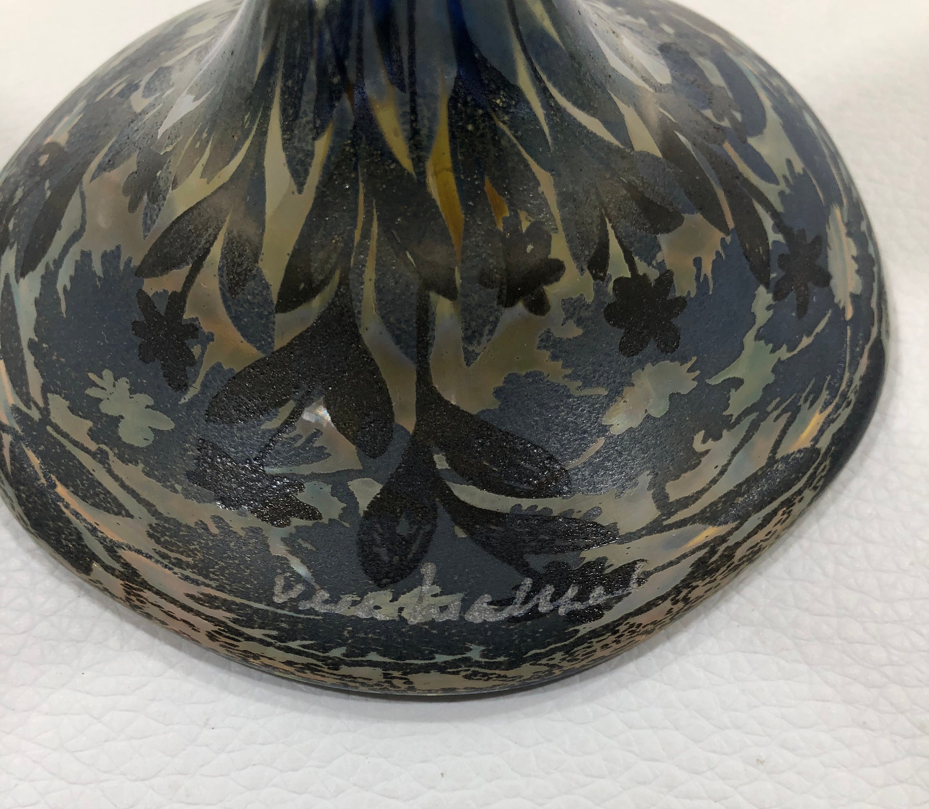 VERA WALTHER Art Glass Bud Vase W/ Hand Painted Flowers