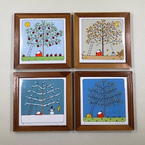 Lillian Vernon '4 SEASONS' TILE TRIVETS & Wall Display ~ Wood Framed Square Ceramic Tea Pot Holders Hot Plates ~ Vintage Kitchen Tableware