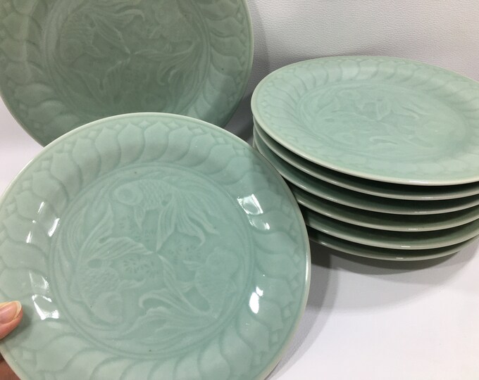 Chinese Longquan CELADON KOI FISH Side Plates set of 4 Light Green