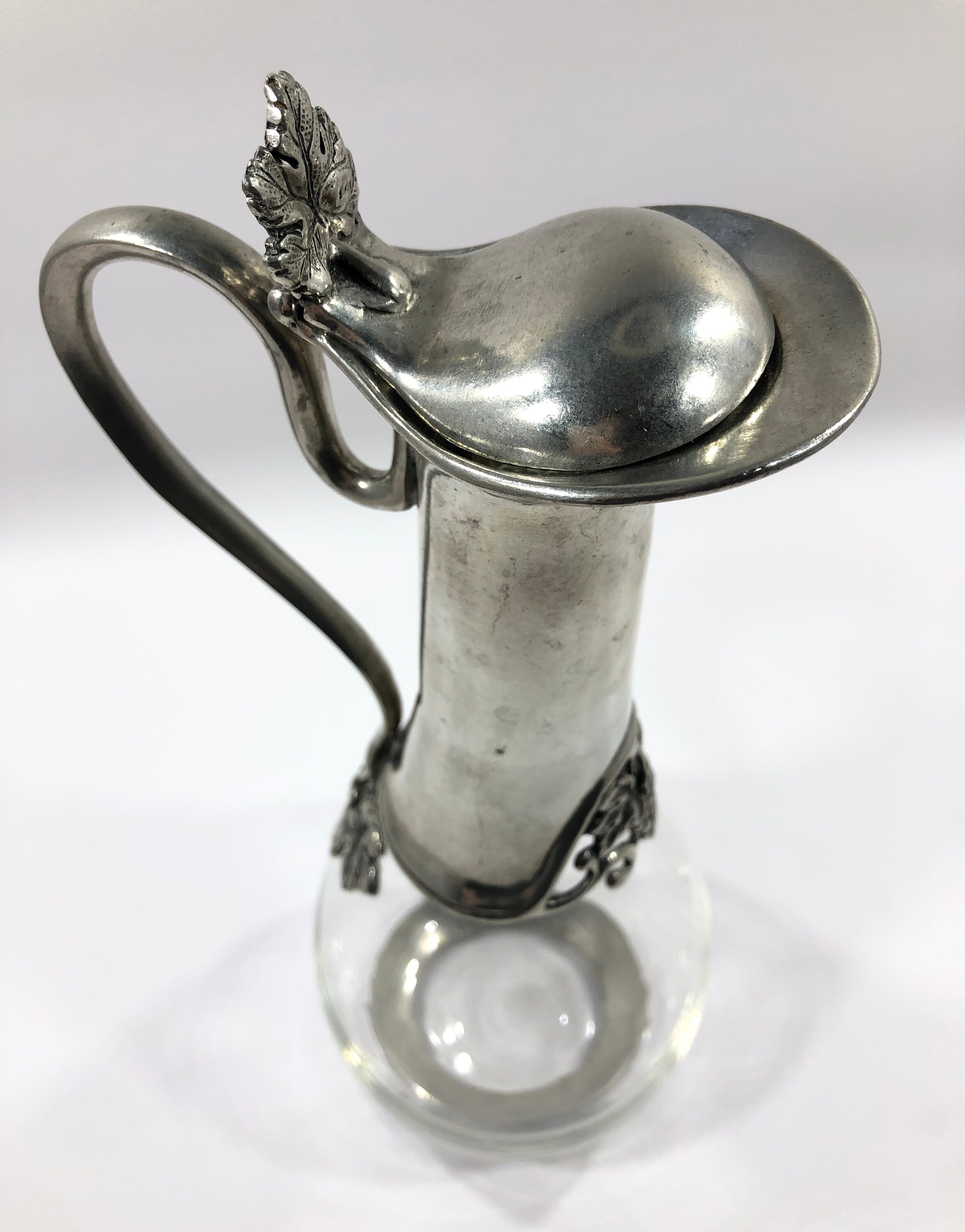 French Style PEWTER & GLASS DECANTER W/ Grape Adornments / Hinged