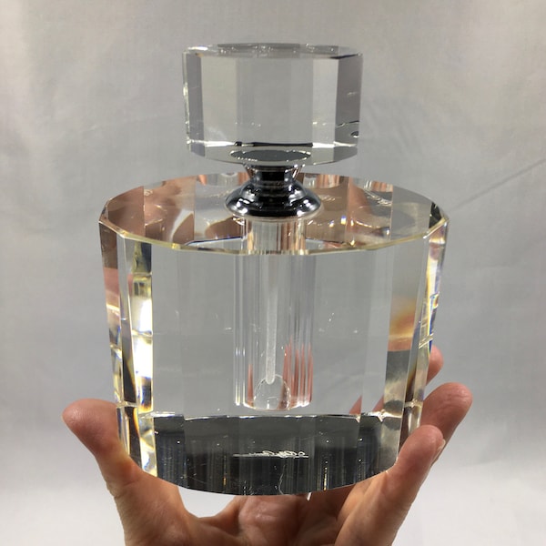 CRYSTAL PERFUME BOTTLE by Oleg Cassini ~ Luxury Glass Parfum Decanter w/ Crystal Topped Wand ~ Vintage Collectible & Elegant Vanity Display