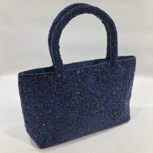 Charlet Style BEADED EVENING BAG w/ Double Handles ~Hand Embellished Iridescent Blue/Purple Tote Shaped Purse ~Vintage Collectible Accessory