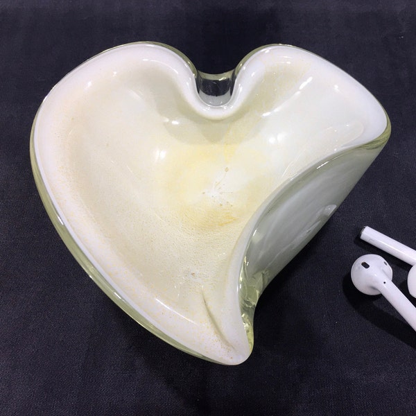 Heart Shaped MURANO Art Glass Bowl/Ashtray ~ Hand Blown Clear Cased Creamy White Dish w/ Gold Aventurine ~ Vintage Italian MCM Collectibles