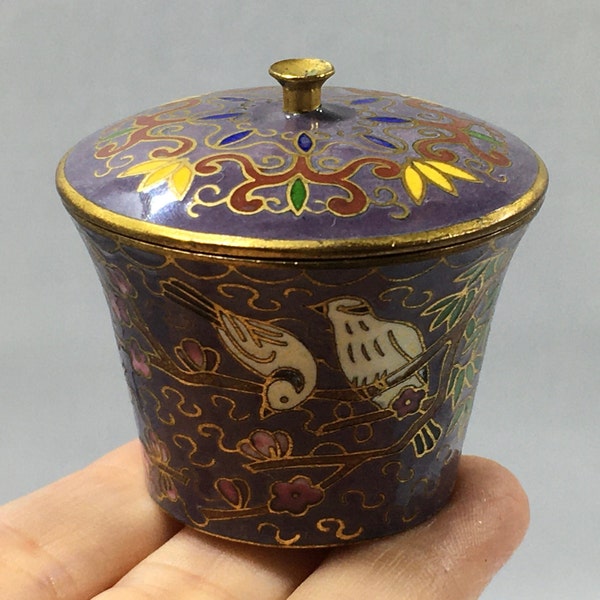 Vintage Chinese CLOISONNÉ PILL BOX/Opium Snuff Canister 1.5" Tall ~ Lidded Brass Jar w/ Hand Painted Lavender Enamel Cherry Blossoms & Birds