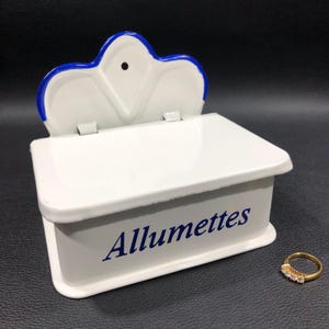 Vintage French Enamelware BOITE à ALLUMETTES/Match Box ~ Hand Painted White Metal Wall/Counter Storage Container ~ Farmhouse Country Kitchen