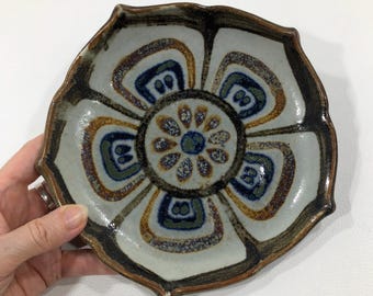 Ken Edwards El Palomar LOTUS BREAD PLATE 7" ~ Gray/Blue/Brown Floral Stoneware Display Serving Dish ~ Vintage Mexican Tonala Studio Pottery