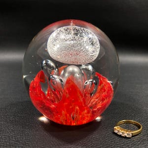 Murano Style GLASS PAPERWEIGHT SPHERE w/ Controlled Bubbles & Suspended Cloud in Orange Petals ~ Mouth Blown Office Desk Décor Birthday Gift