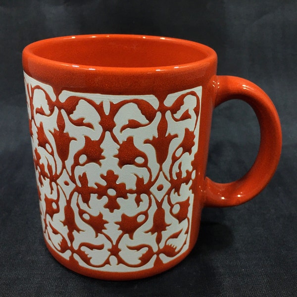 WAECHTERSBACH Reddish Orange Ceramic Coffee/Tea Mug Made in Spain ~ Raised Floral Design on White Background ~ Vintage Classic Retro Modern
