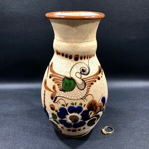 Mexican Folk Art TONALA POTTERY VASE w/ Blue/Brown Dove & Floral Motifs Signed J.C. 8.5" ~ Southwestern Hand Painted Beige Sandstone Vessel