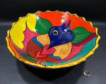 Mexican Talavera Molcajete Style FISH TRIPOD BOWL 12" ~ Multicolor Hand Painted 3-Footed Clay Bowl ~ Tropical Oceanic Sea Life Décor