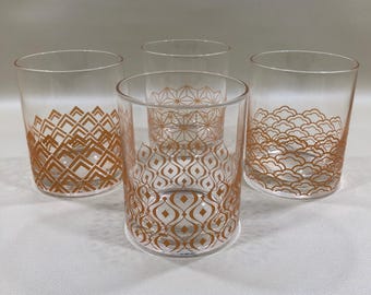 Vasos de whisky Old Fashioned dobles MIKASA ART DECO (4) ~ Vasos con hielo con diseños geométricos en dorado melocotón ~ Elegante vajilla para cócteles