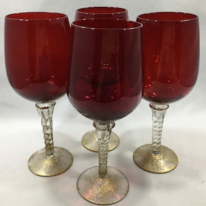 Ruby Red WINE/WATER GOBLETS by Home Essentials Set of 4 ~ Hand Blown Drinking Glasses w/ Gold Speckled Stems ~ Holiday Barware/Drinkware