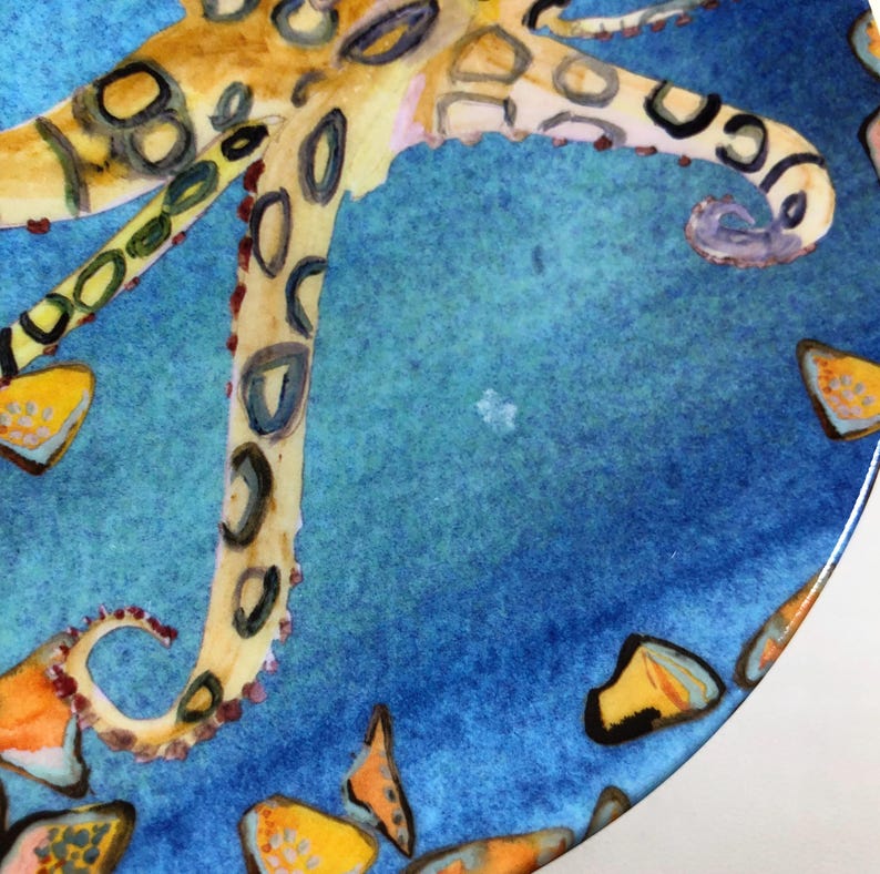 Anthropologie 'Under the Sea' MELAMINE COCKTAIL PLATES 6" Set of 4 ~ Multicolor Beach Ocean Canapé Dishes w/ Pufferfish, Octopus & Whales zdjęcie 7