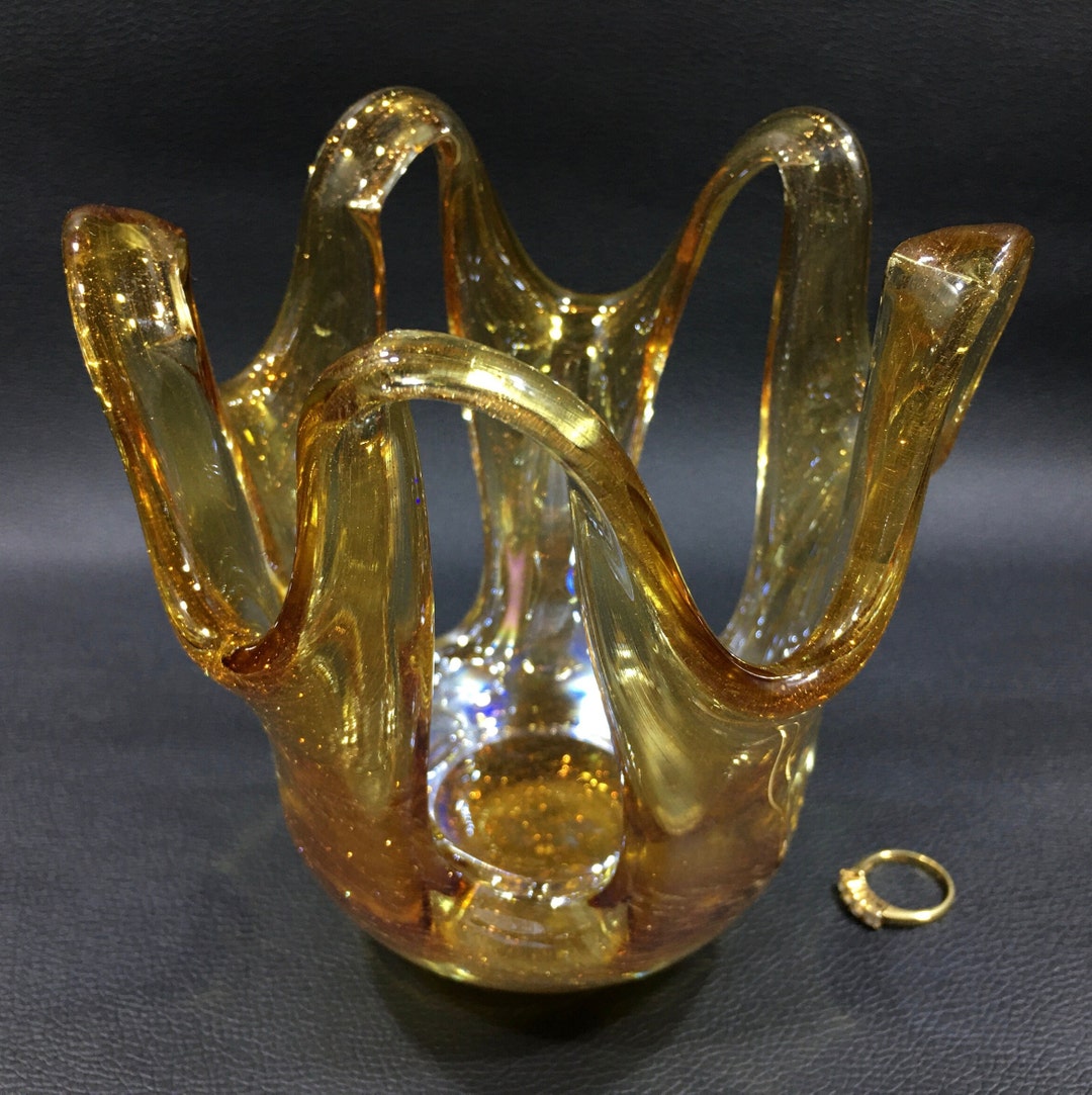 AMBER GLASS SCULPTURE Candle Holder/bowl/vase in Polish Makora Krosno