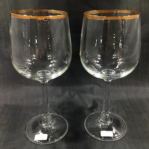 GOLD RIMMED GOBLETS &#39;Jasmine&#39; Wine/Water Glasses by Crystal Clear Industries Set of 2 ~ Vintage Blown Stemware/Barware Made in Germany