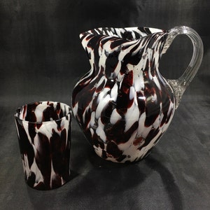 Antique VICTORIAN SPATTER GLASS Pitcher + Bonus Tumbler ~ Hand Blown Clear Glass Jug with Ruby Red/White Spatters & Applied Reeded Handle