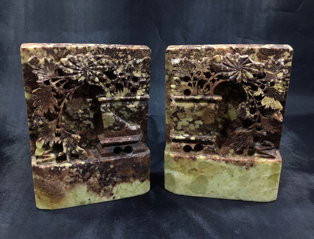 Vintage CHINESE SOAPSTONE BOOKENDS 5 Heavy Hand Carved Etsy