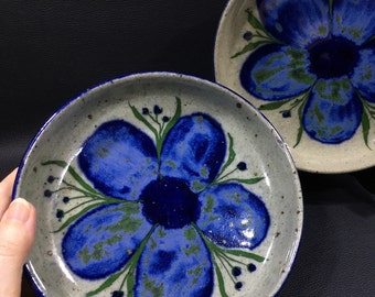 Small STUDIO POTTERY BOWLS w/ Blue Flowers Signed 'Fritz' (2) ~ Wheel Thrown Stoneware w/ Cobalt Blue/Green Floral Design ~Country Farmhouse