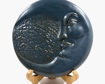 Awesome Crescent MOON WALL PLAQUE 12" ~ Bluish Gray Terracotta Celestial Man in the Moon Face Wall Hanging ~ Halloween Decor Garden Ornament