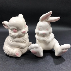 Vintage BUNNY FIGURINES Set of 2 ~ White Ceramic Midwest Candy Container & OCI Omnibus Wall Hung/Tumbling Rabbit ~ Easter Springtime Décor
