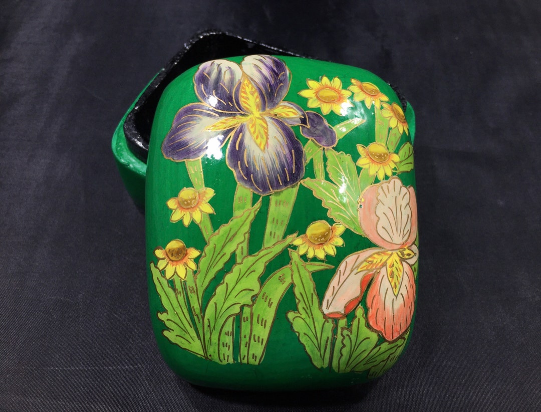 Vintage SUDHA PAPIER MACHE Trinket Box Made in India Green Etsy