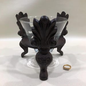 Vintage Cast Iron CANDLE HOLDER w/ Glass Bowl & Scrolled Fleur-de-Lis Legs ~ Victorian Regency Style Tripod Pedestal Orb Potpourri Display