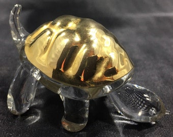 Sparkling GLASS & GOLD TURTLE Figurine ~ Small Hand Blown Glass Tortoise w/ Gold Tone Shell ~ Vintage Collectible Glass Sculpture Home Décor