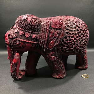 Hand Carved MAROON RESIN ELEPHANT Made in India ~ Large Red Animal & Flower Themed Scroll Art Sculpture - Boho Good Luck Home Office Statue