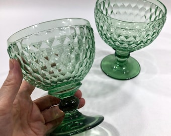 Villeroy & Boch CHAMPAGNE / DESSERT BOWL 'Boston' Set of 2 ~ Green Lead Free Crystal Footed Glasses w/ Diamond Cut Design ~ Retro Glassware
