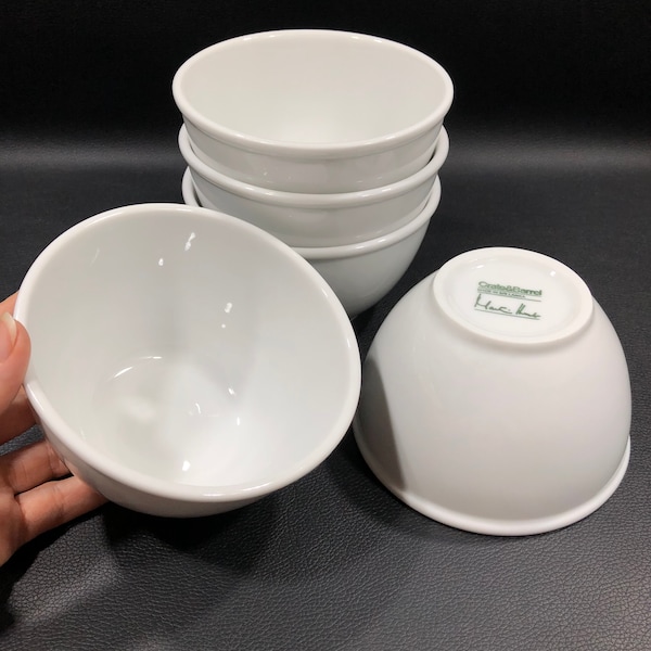 Crate & Barrel MARTIN HUNT Bistro Style Rice/Soup Ceramic Bowls Set of 5 ~Classic Elegant All Purpose Glossy All White Dishes w/ Rolled Edge