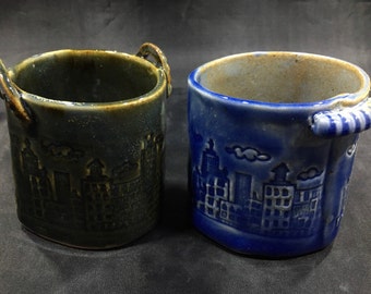 EMBOSSED STONEWARE CUPS Blue Brown Cityscapes Motifs Set of 2 ~ Glossy Drip Glazed Handled Clay Vessels/Jars Slab Built w/ Imprinted Designs