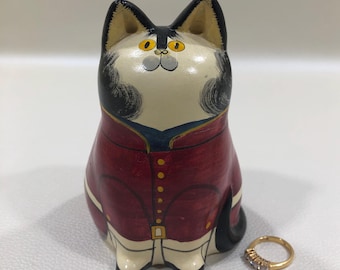 Joan De Bethel Style CERAMIC CAT FIGURINE by House of Hull 4.5"~ Vintage Hand Painted Porcelain Feline w/ Red Soldier Coat ~Cat Lover's Gift