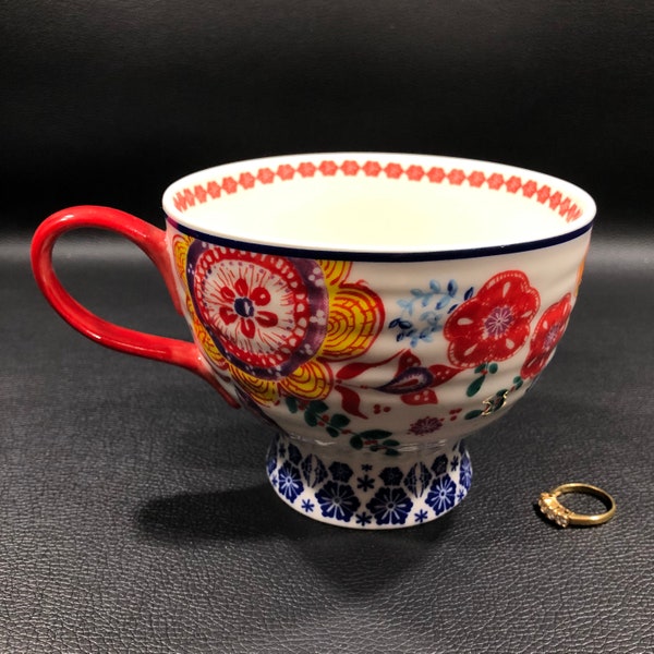 ANTRHOPOLOGIE 'Sip-Of-Nectar' Pedestal Footed Cup/Mug by Jennifer Lewis ~ Glossy Red, Blue & Yellow Bohemian Floral Decorated Stoneware Cup