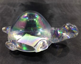 IRIDESCENT TURTLE PAPERWEIGHT by Simson ~ Clear Holographic Art Glass Tortoise Figurine ~ Vintage Collectible Glass Sculpture Home Décor
