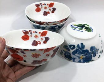Anthropologie FLORAL PORCELAIN BOWLS 'Avian Canopy' Made in Indonesia (4) ~ Fine China Soup/Cereal Bowls w/ Hand Painted Red & Blue Flowers