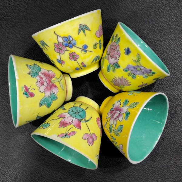 Antique CHINESE ENAMEL PORCELAIN Yellow Tea/Sake Cups Famille Jaune Rose Set of 5 ~Hand Painted w/ Butterfly Floral Décor & Celadon Interior