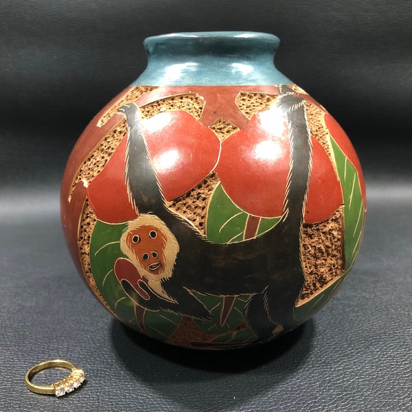 NICARAGUA/COSTA RICA Incised Pottery Art Vase w/ Toucan & Monkey 5" ~ Vintage Hand Crafted Animal Etched Relief Red Clay Terracotta Vessel