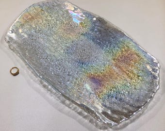 Dazzling IRIDESCENT 'ROMOS' TRAY by Red Pomegranate 15" ~ Heavy Bark/Ice Textured Pearlized Silver Glass Serving Tray / Candle Display Plate
