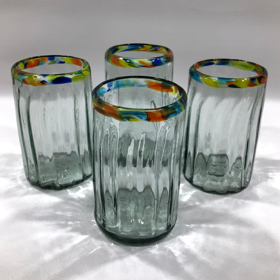 Hand Blown Mexican CONFETTI RIMMED GLASSES Set of 4 Ribbed Recycled Glass Margarita Tumblers W