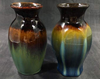 Vintage HOSLEY CERAMIC VASES Set of 2 ~ Ombre Sea Foam Blue Mustard Brown Drip Crackle Glaze w/ Sparkle Top ~ Mid-Century U.S.A Art Pottery
