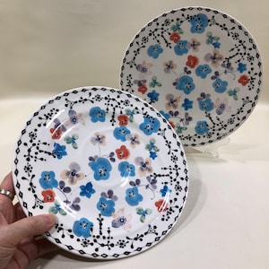 Anthropologie ISIDRE CERAMIC PLATES Set of 2 ~ Purple/Blue/Red Floral Side Dishes w/ Black Border Accents ~Discontinued Summertime Tableware image 1