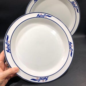 Fine China JAPANESE DINNER PLATES 10&quot; (Set of 2) ~ White Stoneware Dishes w/ Flowers, Blue Bands & Leaves on Rim ~ Oven-To-Table Dinnerware