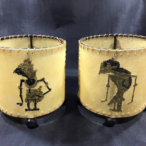 Indonesian LEATHER VOTIVE HOLDERS w/ Wayang Kulit Motifs (Shadow Puppets) Set of 2 ~  Cow Hide Candle Holders w/ Black Wrought Iron Bases