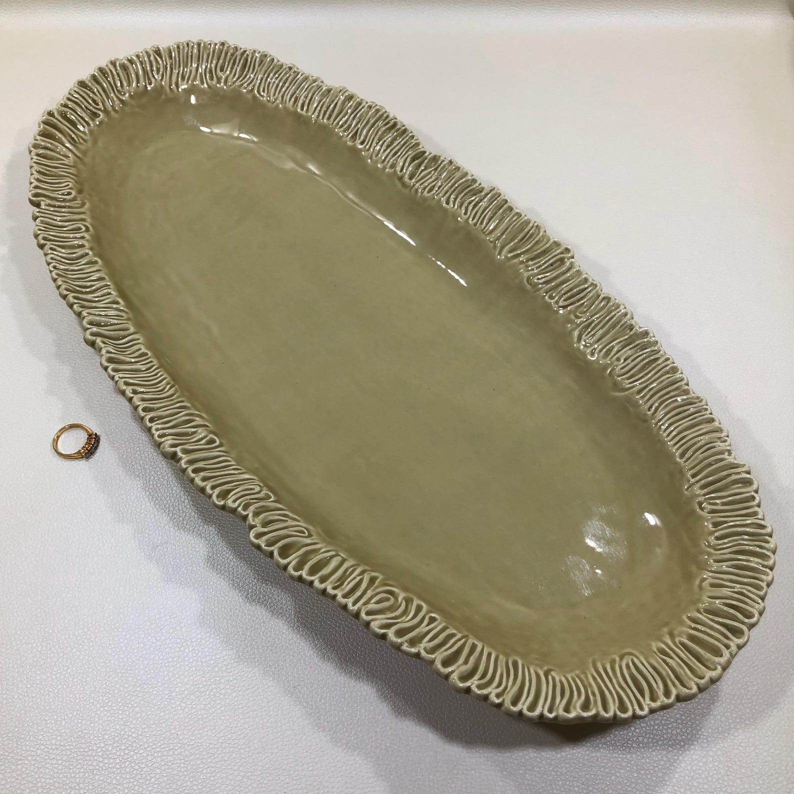Vietri Italy 'Latteria' OVAL SERVING PLATTER 18.5" ~ Handmade Olive Green Ceramic Plate w/ Embossed Scalloped Rim ~ Large Vintage Serve Ware