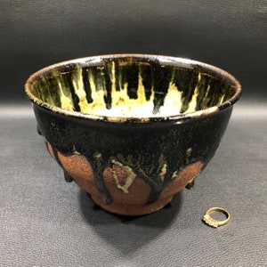 Signed STUDIO POTTERY BOWL in Speckled Beige Interior & Runny Drip Glaze in Brownish Black 4x6 ~ Artisan Hand Crafted Red Ware Pot/Vessel